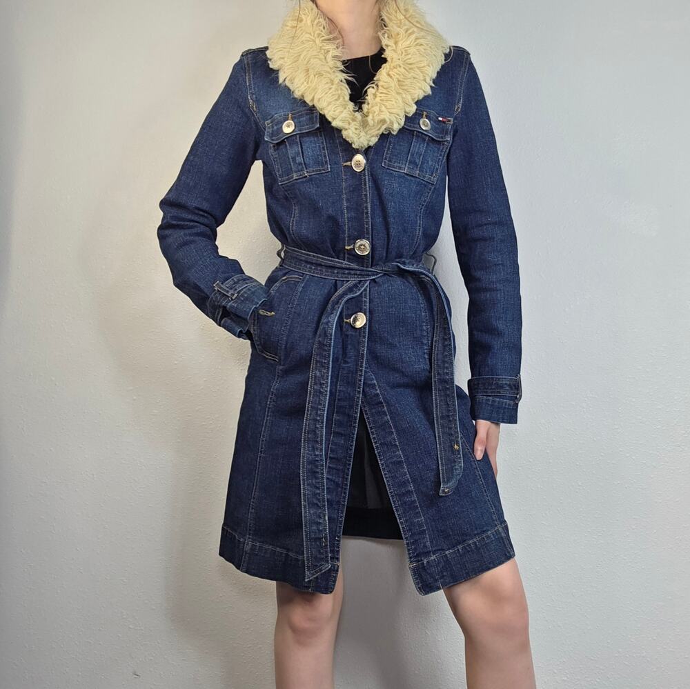 Y2K Tommy Hilfiger Denim Jeans Belted Trench Coat Faux Fur Collar